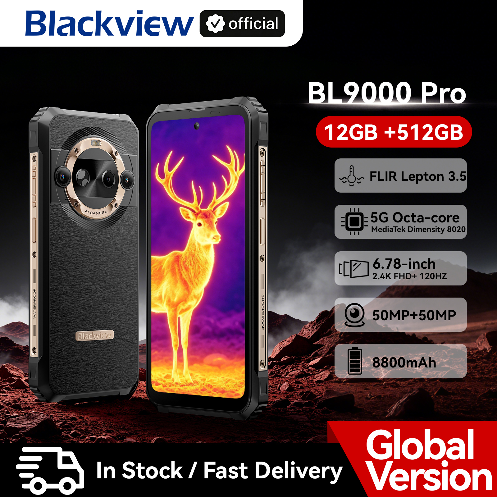 Прочный смартфон Blackview BL9000 PRO 5G с 6,78-дюймовым FHD-экраном, 12 ГБ ОЗУ, 512 ГБ памяти, инфракрасной камерой FLIR и батареей 8800 мАч, Android 14