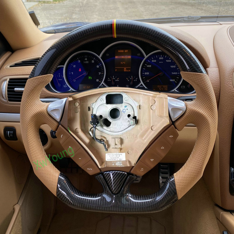 Roda kemudi kulit serat karbon 100% kustom untuk Porsche Cayenne Turbo GTS