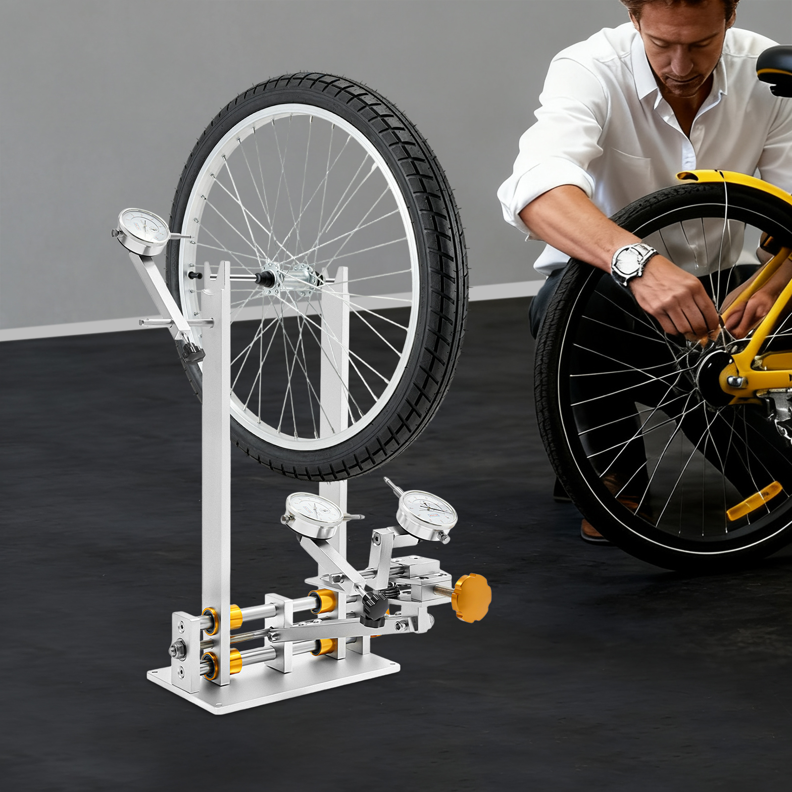 Support de réglage de roue professionnel avec 3 jauges en alliage d'aluminium CNC réglable pour roues de vélo de 10 à 29 pouces (vtt/vélo de route)