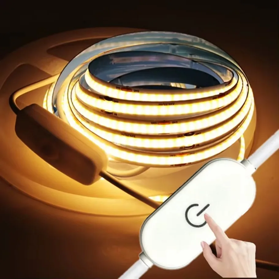 Tira de luces LED USB de 1-5M, 5V, 320LEDs/M, Sensor táctil COB, cinta de lámpara regulable, retroiluminación de espejo DIY, iluminación nocturna para TV, cocina y habitación