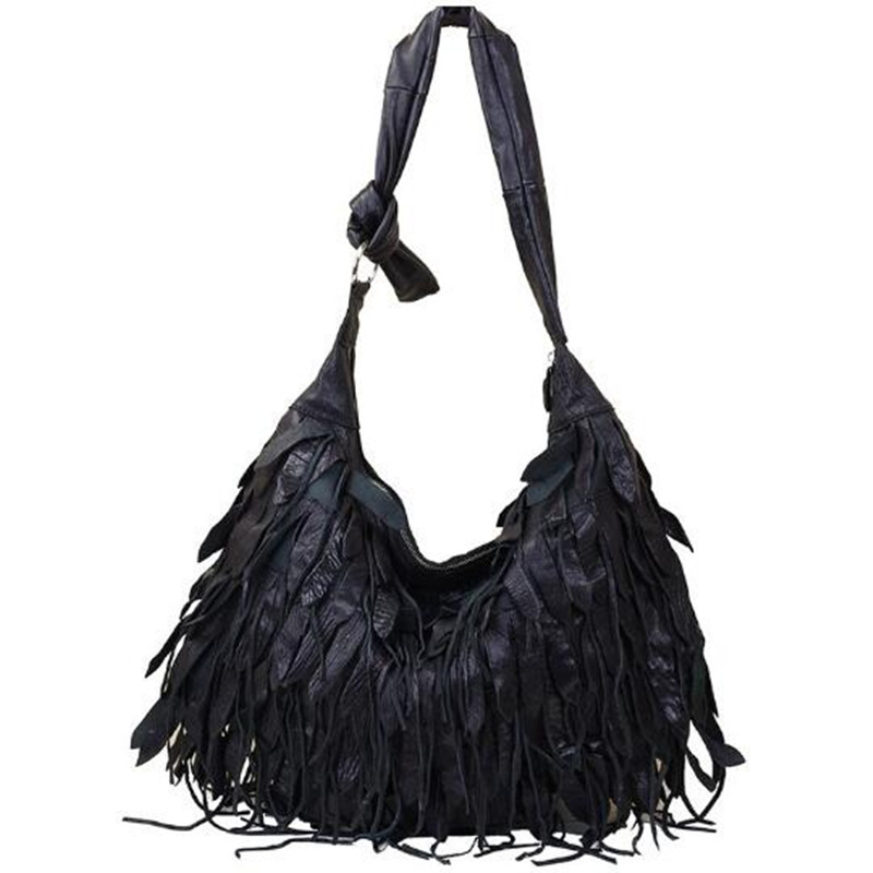 Bolsa de Couro Genuíno Preta com Franjas, Bolsa Mensageira de Ombro Único, Grande Capacidade, Bolsa de Praia para Mulheres, Atacado