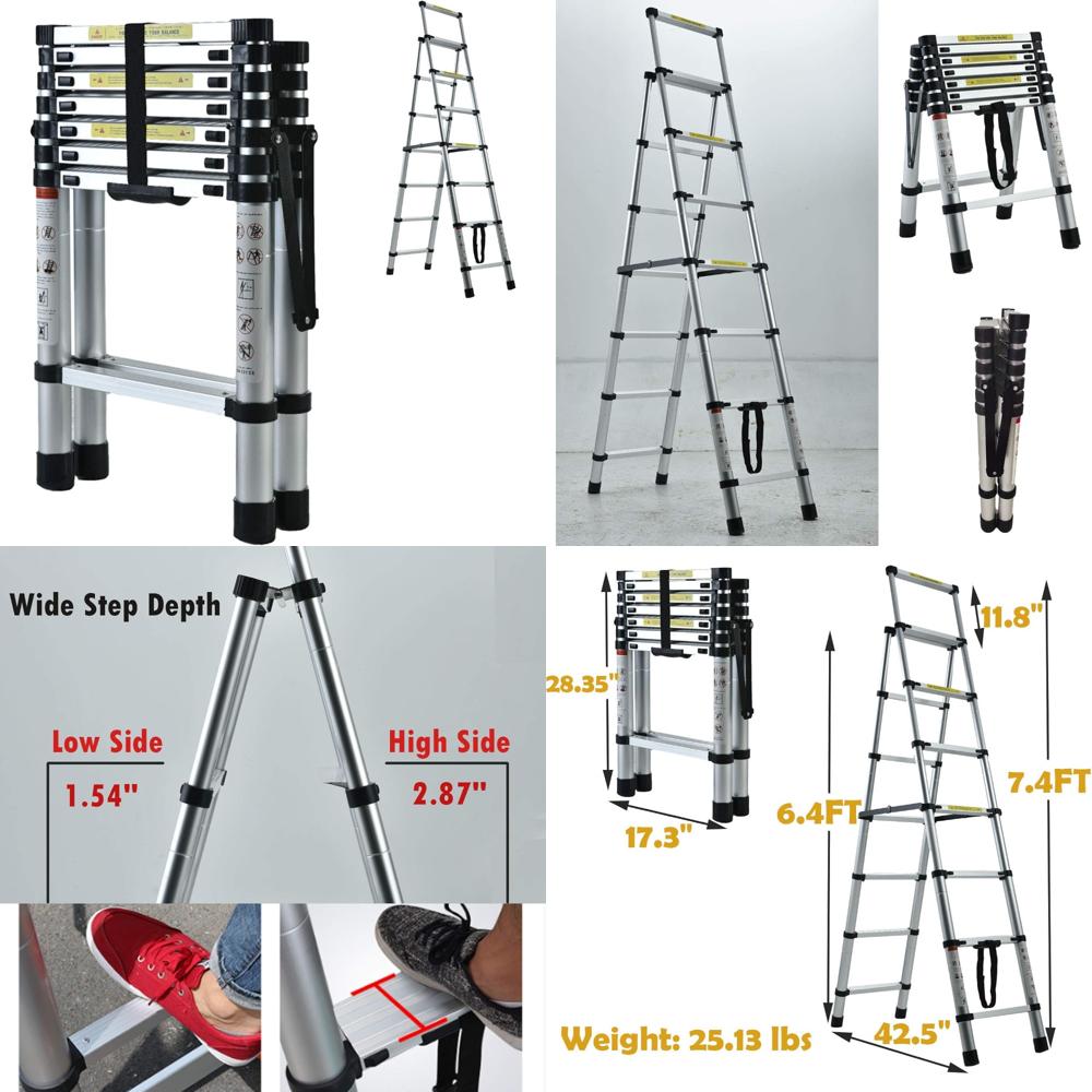 Aluminum A-Frame Step Ladder, 6+7 ft Extension, Heavy Duty Folding, Portable with Wide Steps and Handgrip