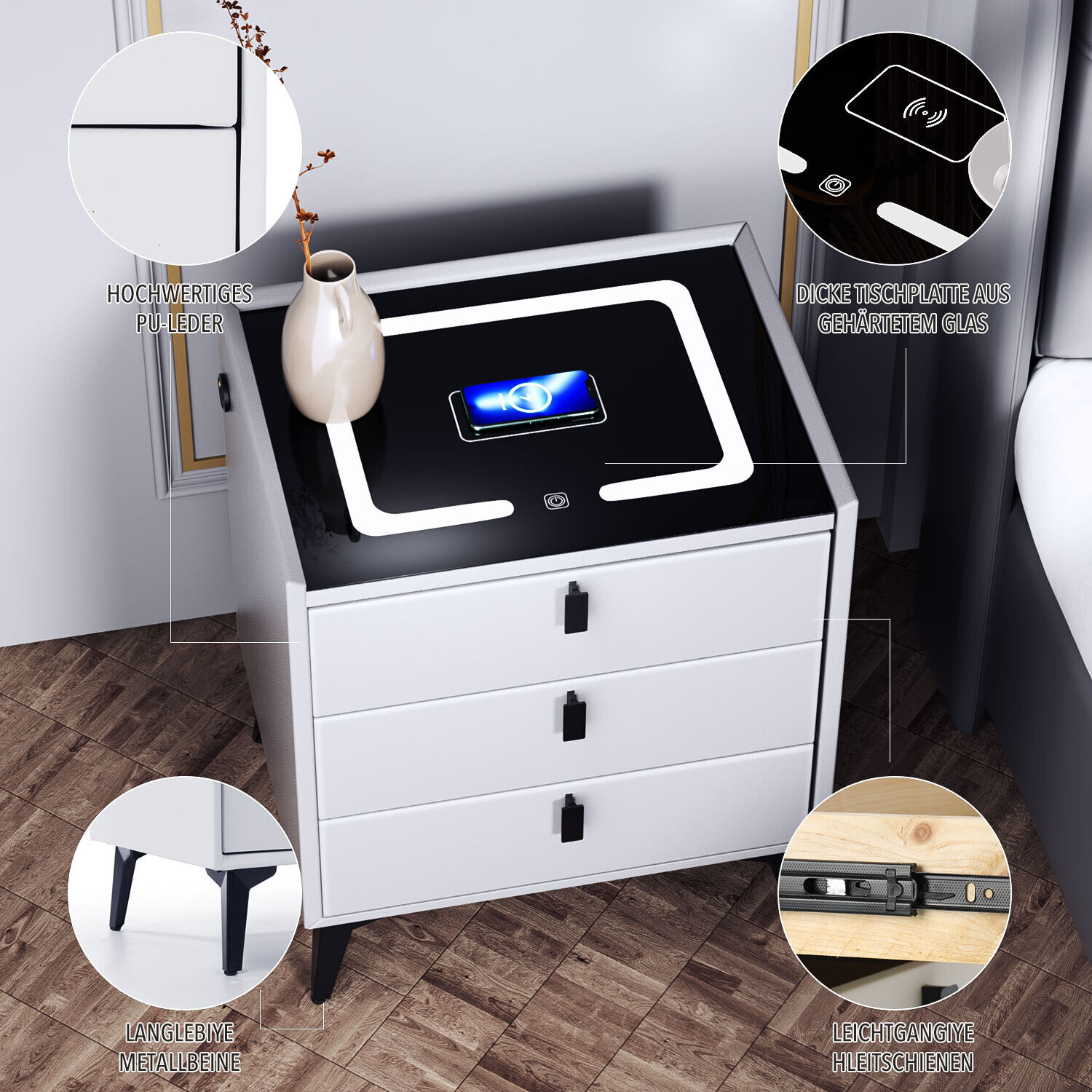 Intelligenter Nachttisch in Weiß mit kabelloser Aufladung, Nachttisch mit LED-Licht, Nachttisch mit 2 Schubladen, Kommode für das Wohnzimmer