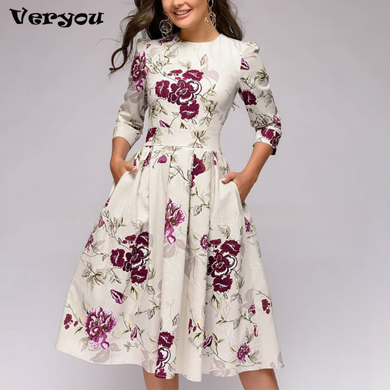 2023 Lente Autumnoffice Dame Knie Lengte Elegante Vintage Lange Mouwen Party Jurken Bloemen Gedrukt Jurk Nieuwe