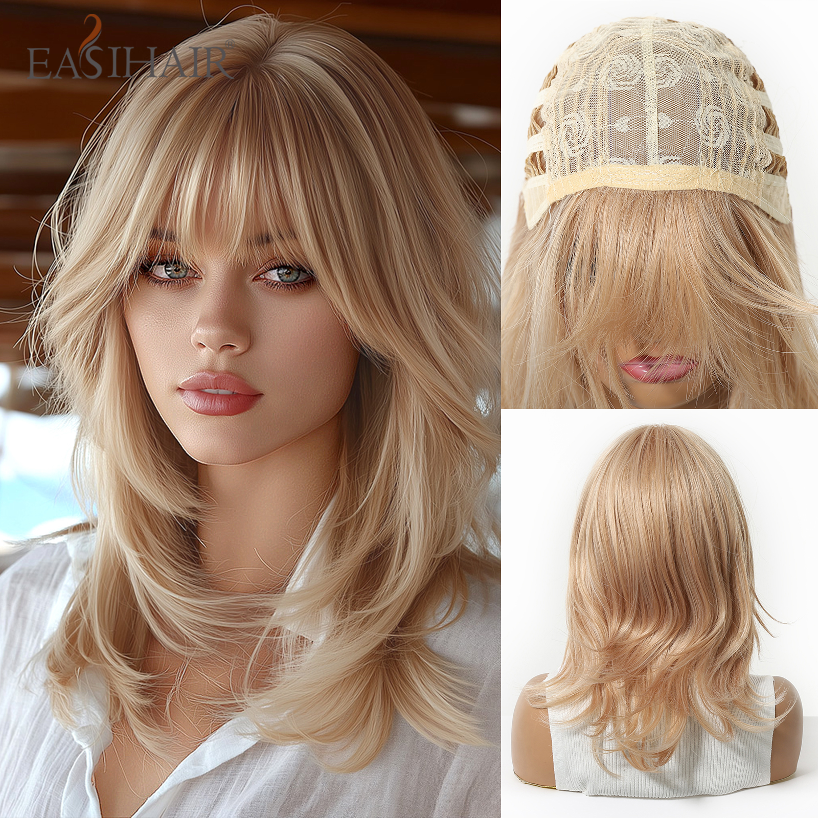 EASIHAIR Średniej Długości Falowana Blond Peruka Syntetyczna z Grzywką dla Kobiet Naturalne Peruki Odporne na Ciepło do Codziennego Użytku, na Imprezy i Cosplay