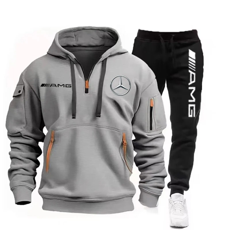 New Mercedes Benz Men's Autumn/Winter Zipper Hoodie Thickened Pants Set Casual Men's Sports Warmth Set