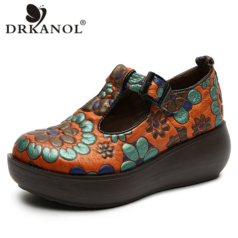Drkanol Platform Schoenen Vrouwen Lente Afdrukken Echt Leer Ronde Neus Gesp Etnische Stijl Wiggen Hak Moeder Schoenen H720L