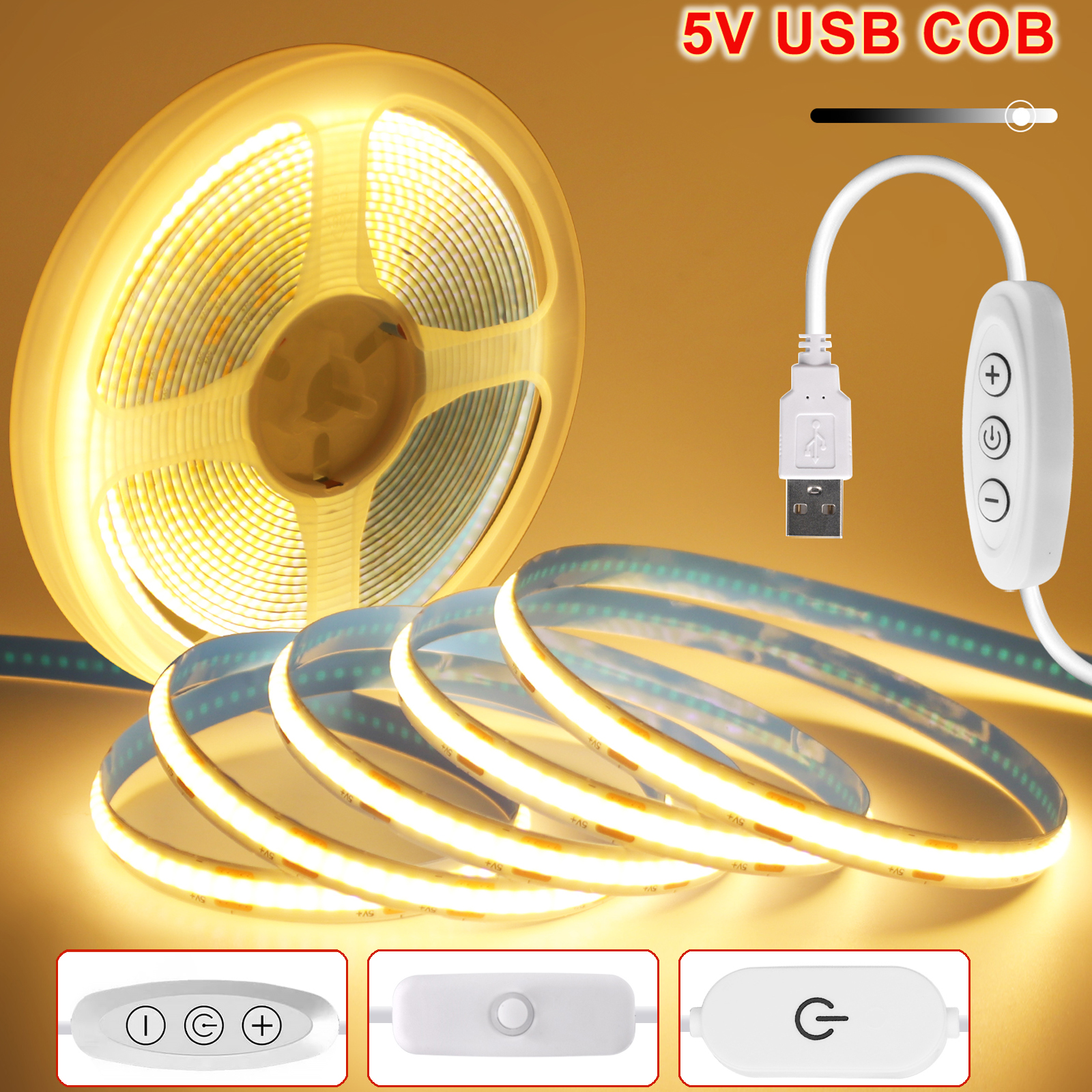 Bande lumineuse LED COB dimmable 5V USB, ruban LED flexible avec interrupteur marche/arrêt, 320 LED, éclairage linéaire haute densité avec ruban adhésif