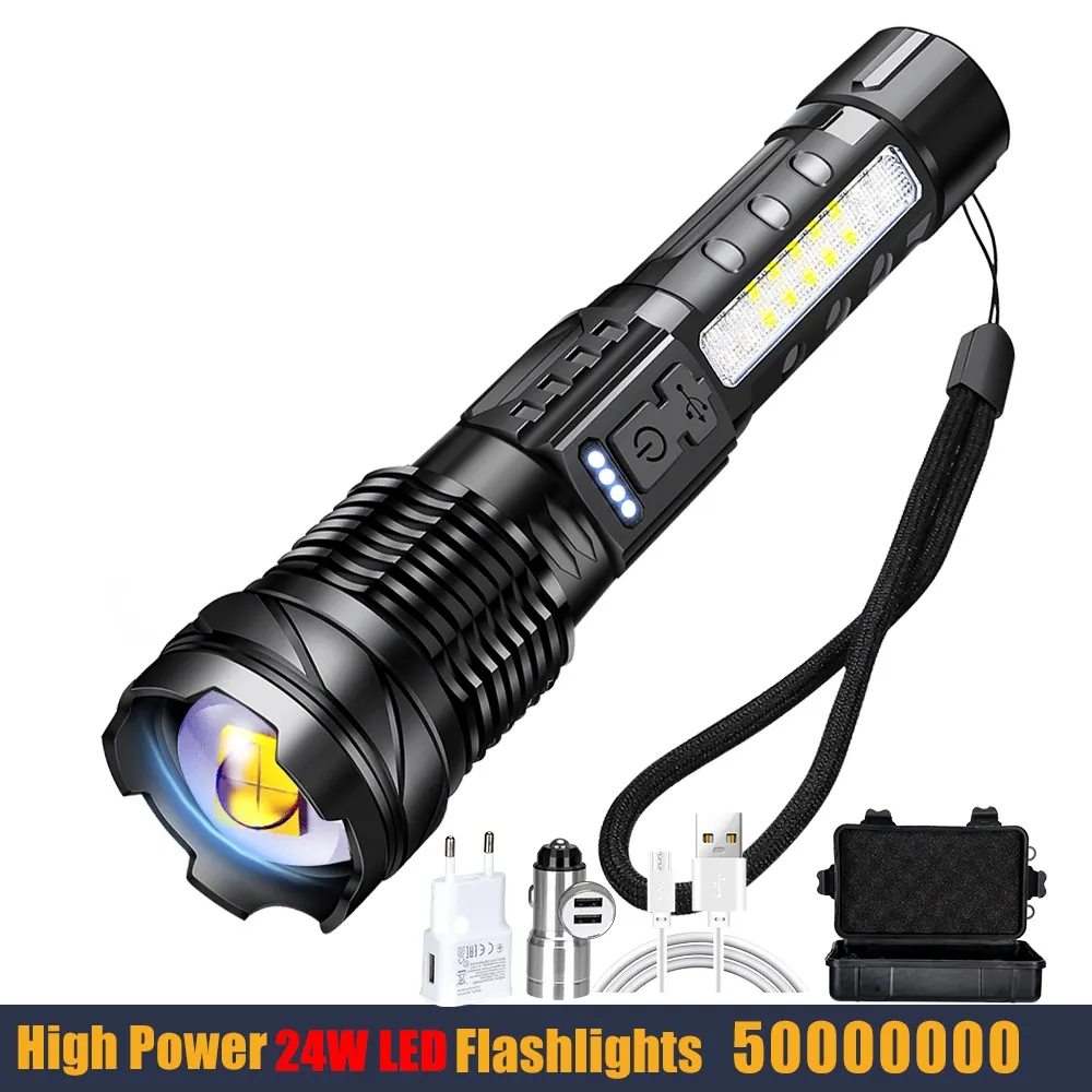 高強力パワー 24 ワット LED 懐中電灯 50000000   タクティカルライト 緊急スポットライト 伸縮式ジェットビーム1km 18650 バッテリー内蔵