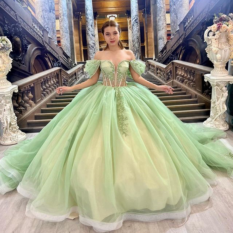 ANGELSBRIDEP-vestido para quinceañeras con escote en forma de corazón, color verde brillante, con hombros descubiertos, apliques florales, Vestidos De 15 anos, vestido De baile