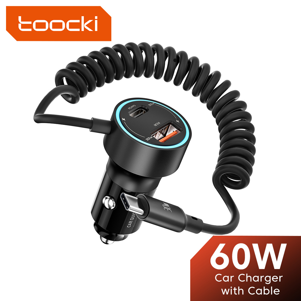 Toocki ที่ชาร์จในรถแบบ USB 60W สำหรับ Xiaomi Samsung ไฟ LED PD QC3.0 Type C ชาร์จเร็วพร้อมสาย USB C สำหรับ iPhone 15 Pro
