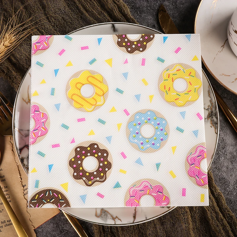 Nuevos servilletas coloridas de 2 capas, servilletas de papel impresas de calidad alimentaria, tienda de postres, tienda de pasteles, impresión de donuts, papel de café, 20 hojas de 33x33cm