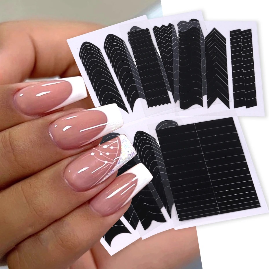 Stiker Template Semprotan Garis Perancis untuk Seni Kuku, Panduan Ujung Bergelombang, Stiker Stencil Kreatif, Alat Manikur DIY, Dekorasi