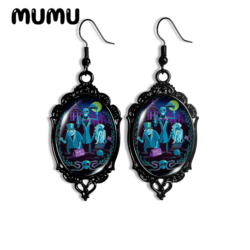 Anting-anting Juntai rumah hantu baru 2024 anting-anting Oval renda hitam hadiah perhiasan kubah kaca buatan tangan