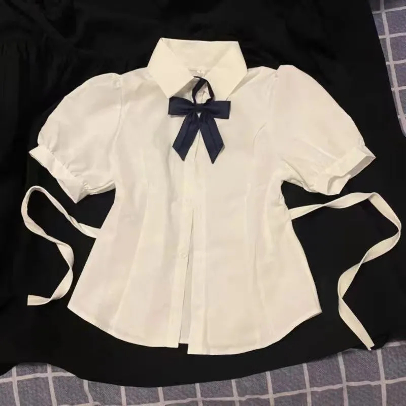 Branco doce camisa feminina moda coreana estilo preppy jk bandagem camisa de manga curta senhoras verão y2k magro elegante arco topos novo