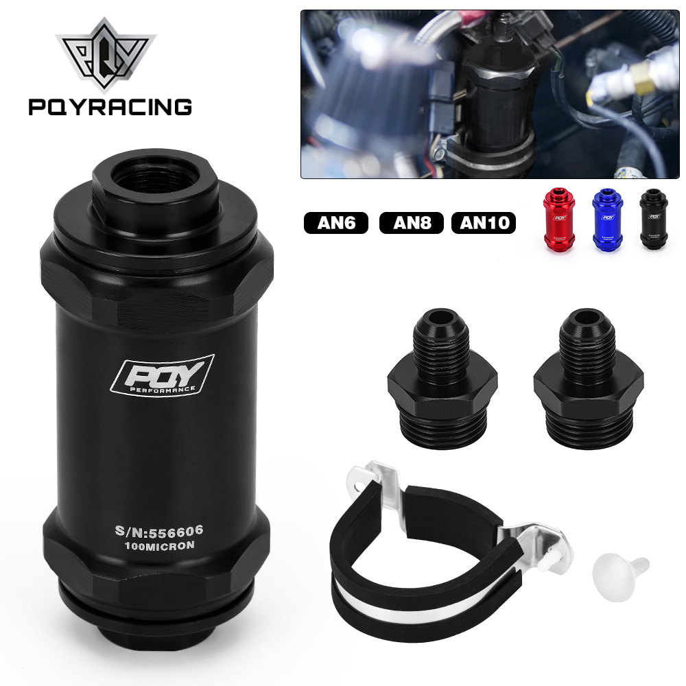 Pqy filtro de combustível, preto, an6/an8/an10, em linha, e85, etanol com 100 micron, aço inoxidável, elemento e adesivo pqy