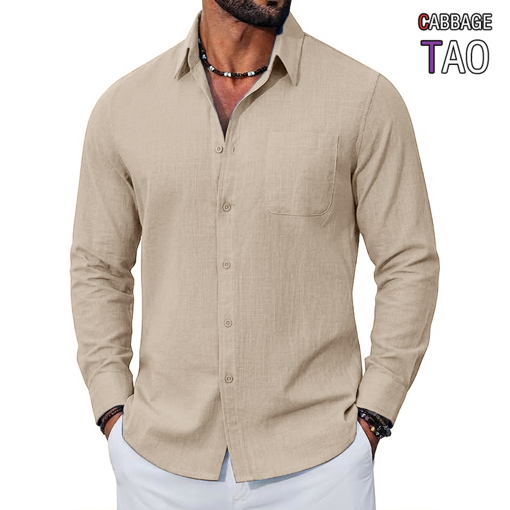 Herren Premium Leinenhemden mit langen Ärmeln, atmungsaktive Baumwoll-Oberteile, elegante Revers-Knopfleisten, hawaiianische T-Shirts, perfekt für moderne Männer.