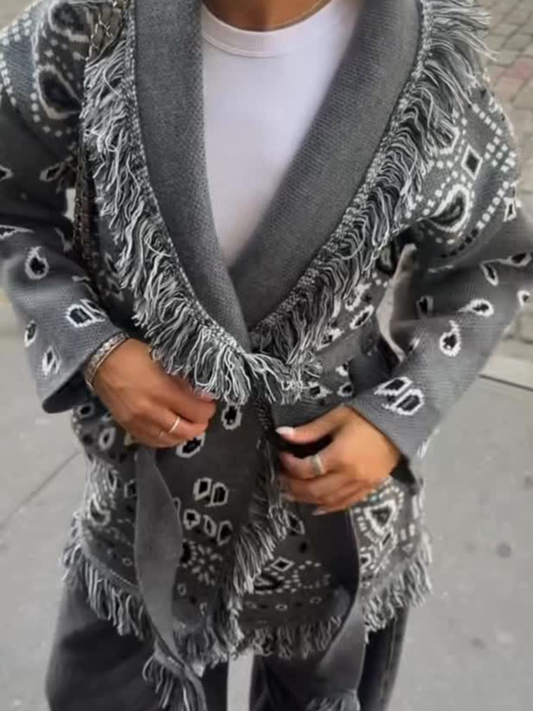 2026 Lente Kwastje Gebreide Jacquard Vrouwen Vesten Losse Patchwork V-hals Lange Mouw Dikke Warme Trui Dame Nieuwe Truien