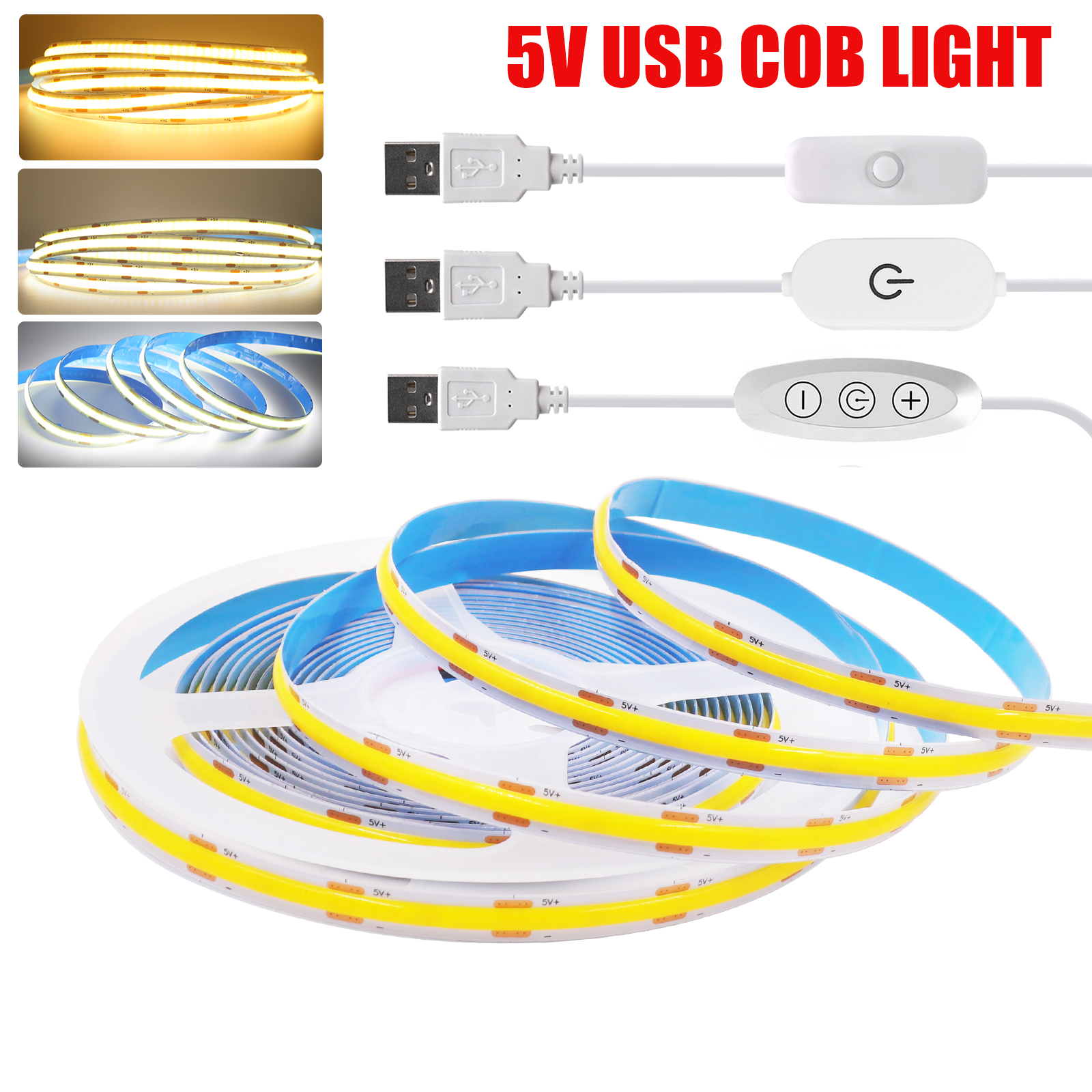 Tira LED COB de 5V USB con Interruptor Táctil y Regulador de Intensidad, 320 Leds, Blanca, 3000K 4000K 6000K, Decoración del Hogar, Lámpara para Gabinete, Cinta Flexible, Luz LED