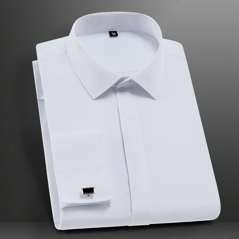 Chemise habillée à manches longues pour hommes, poignets français, coupe élégante, romantique, fête de mariage, affaires, mode, chemises blanches