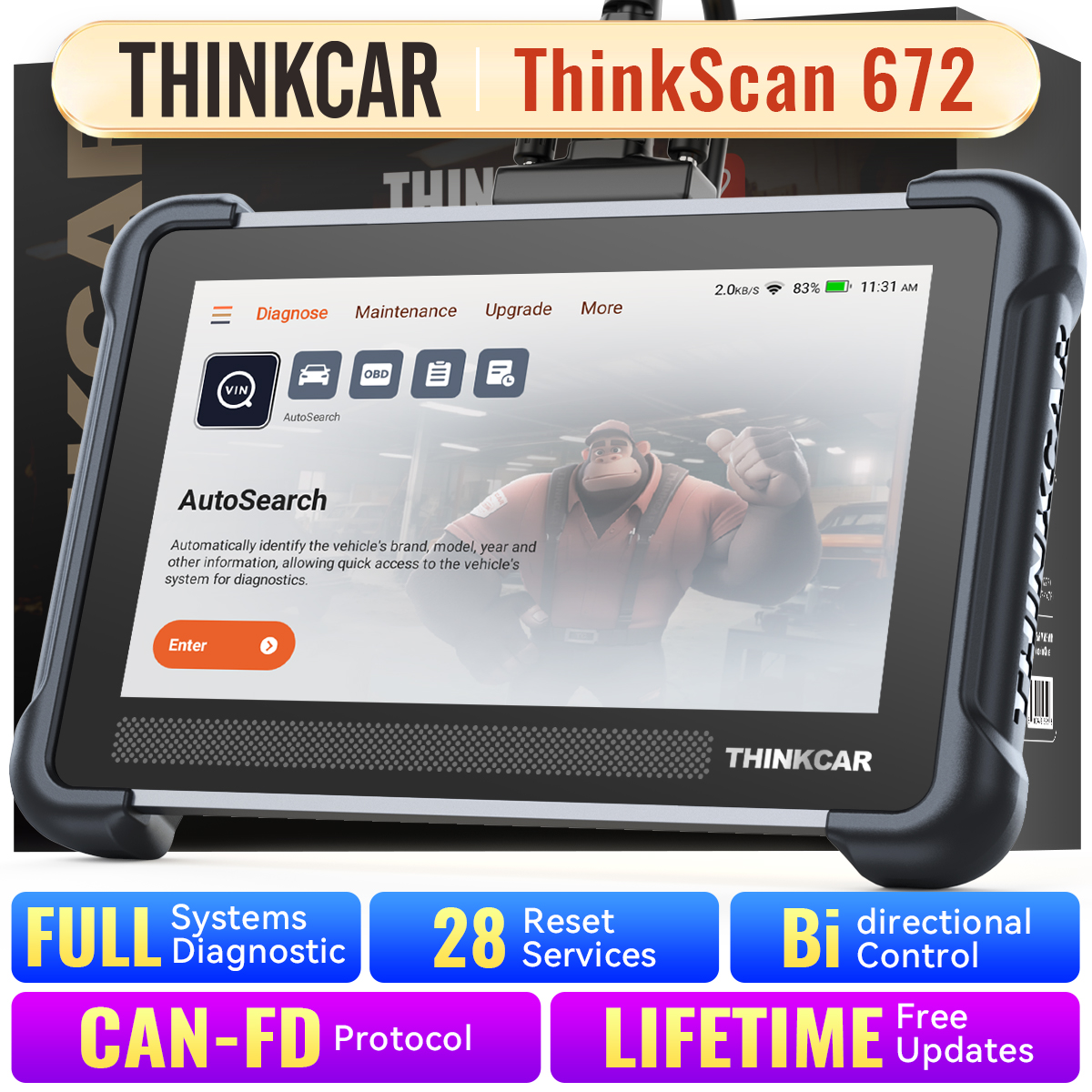 THINKCAR THINKSCAN 672 OBD2 Escáner Herramienta CAN FD OBD2 Control bidireccional Diagnóstico completo del sistema 28 reinicios Gratis de por vida