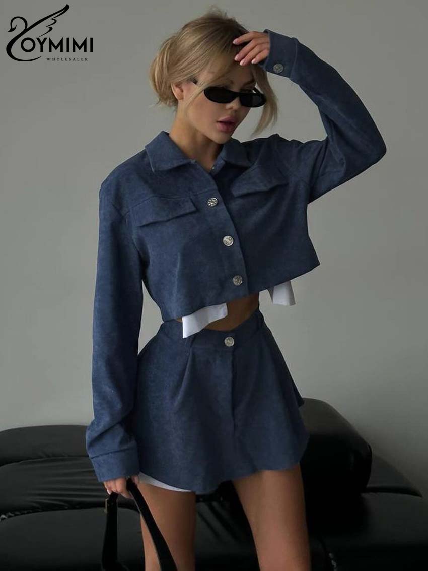 Oymimi-Conjunto de 2 piezas de retazos azules para mujer, conjunto elegante de manga larga con botones, Tops cortos y minifaldas de cintura alta