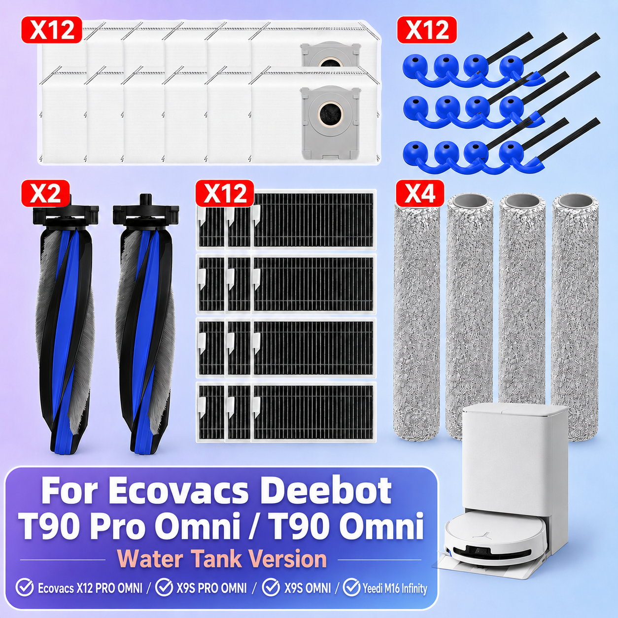 Подходит для Ecovacs T90 Pro Omni / T90 Omni - с резервуаром для воды, Ecovacs X12 PRO OMNI / X9S Pro Omni / X9S Omni, Yeedi M16 Infinity Основная щетка Боковая щетка Фильтр Мешок для пыли Тряпка для швабры Аксессуары
