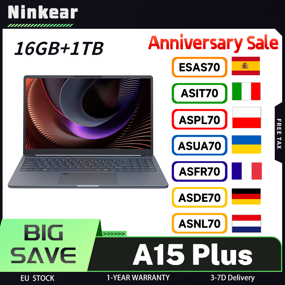 Ninkear A15 Plus-laptop, AMD Ryzen 7 5825U 8 cores Max. 4,5 GHz, 15,6 inch 1920 * 1080 60 Hz scherm, 16 GB RAM 1 TB SSD, WiFi 6
