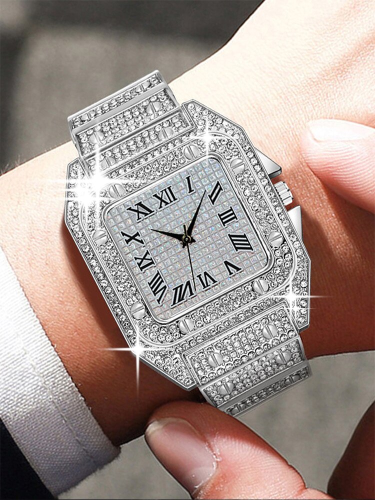 1pcs Moda Calendário de Negócios dos homens Full Diamond Black Steel Banda Quartz Watch