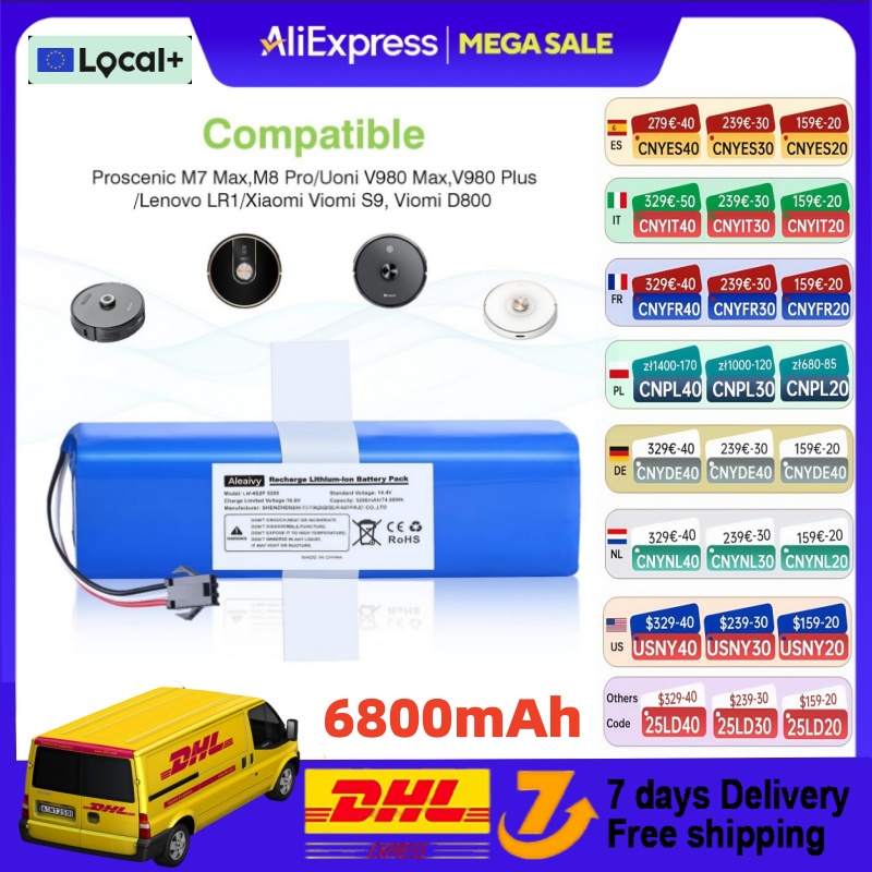 6800mAh Battery For XiaoMi Lydsto R1 Roidmi Eve Plus Viomi S9 Robot Vacuum Cleaner Battery Pack Accessories Parts 14.4V