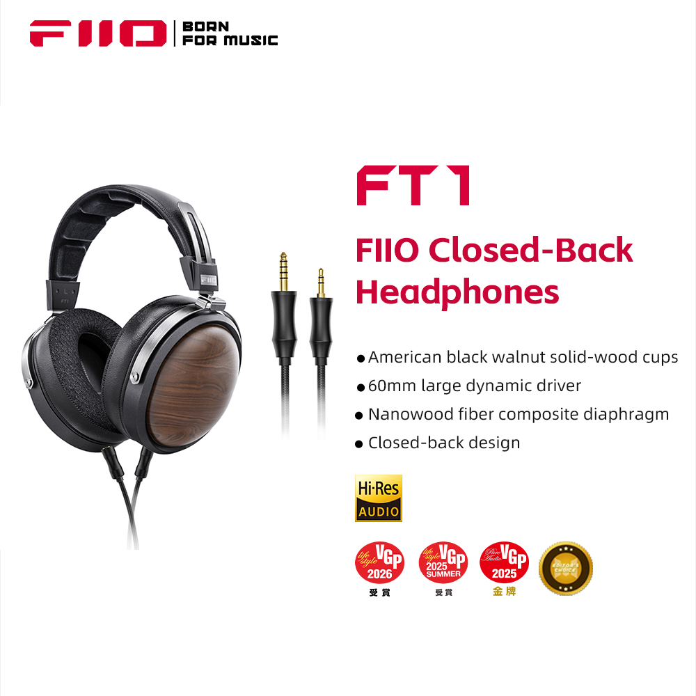 FiiO FT1-Neue Version Over-Ear-Faser-Verbundmembran-HiFi-Kopfhörer mit geschlossener Rückseite, kabelgebundene Ohrmuscheln aus amerikanischem Walnussholz für Studio