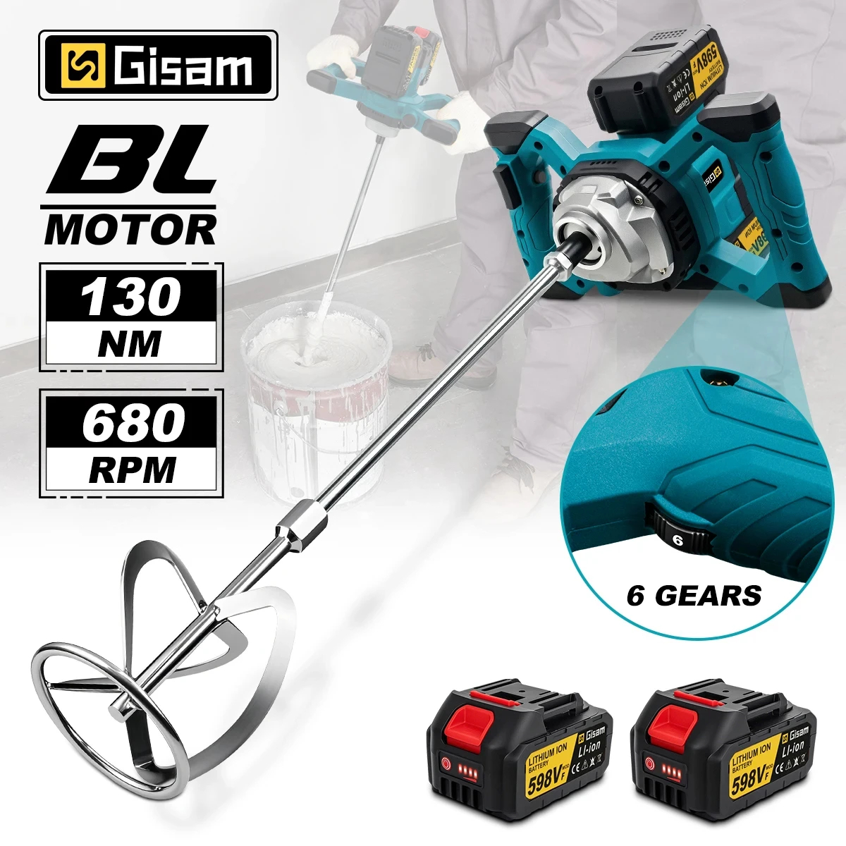 Gisam コードレス電動コンクリートミキサー 6 ギアブラシレスセメントモルタル石膏ミキサーブレンダーペイントミックスマキタ 18v バッテリーピン