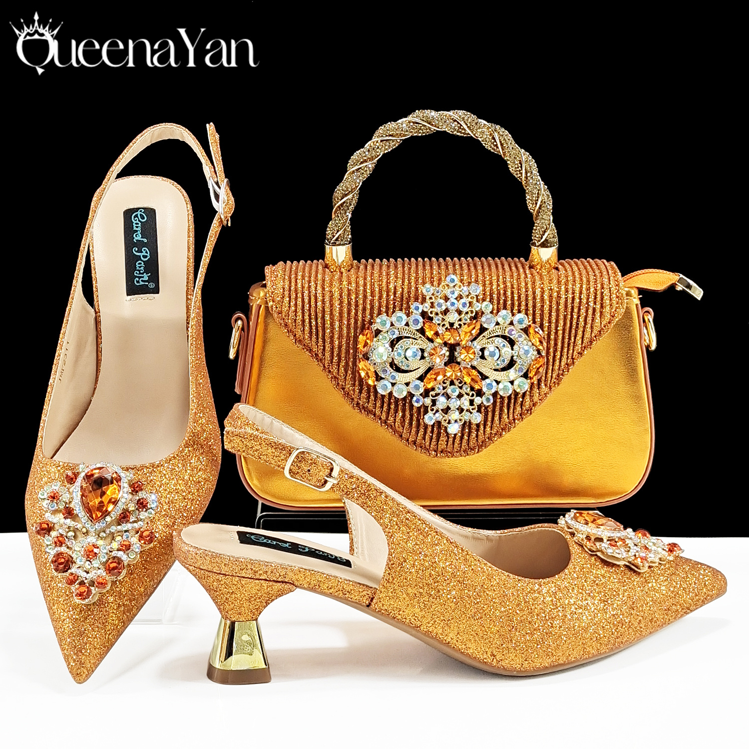 QSGFC Hot Selling INS Pointed-Toe Luxury Style Women High Heels Sandal With Bag Set Orange Color for Wedding Party