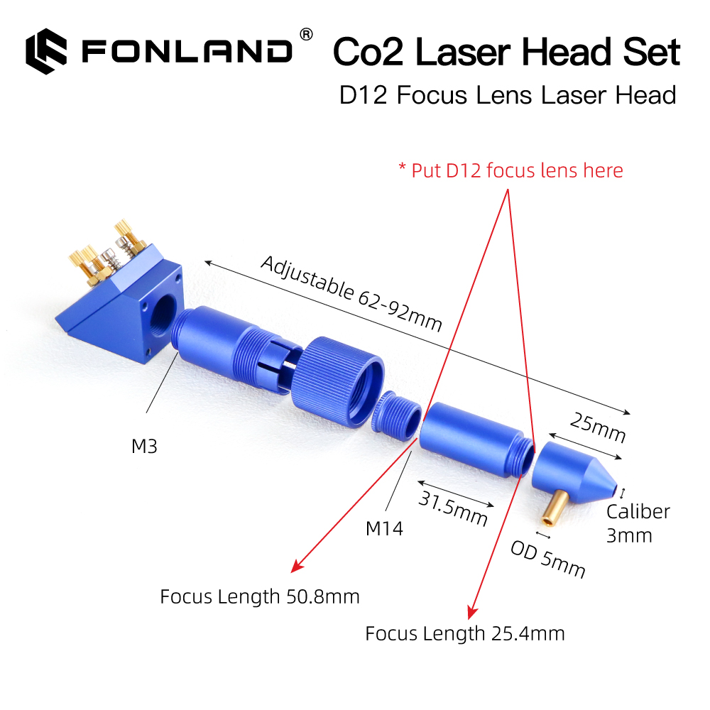 Fonland K Series CO2 Laser Head Set New Style D12 20mm FL25.4 50.8mm Lens for 2030 4060 K40 Laser Engraving Cutting Machine