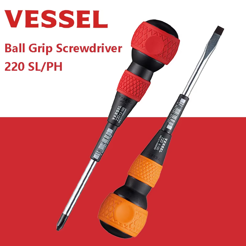 VESSEL 220-schroevendraaier met kogelgreep en hoge precisie, zwarte puntpunt, gleuf-/ kruiskopschroevendraaierserie, magnetisch reparatiegereedschap
