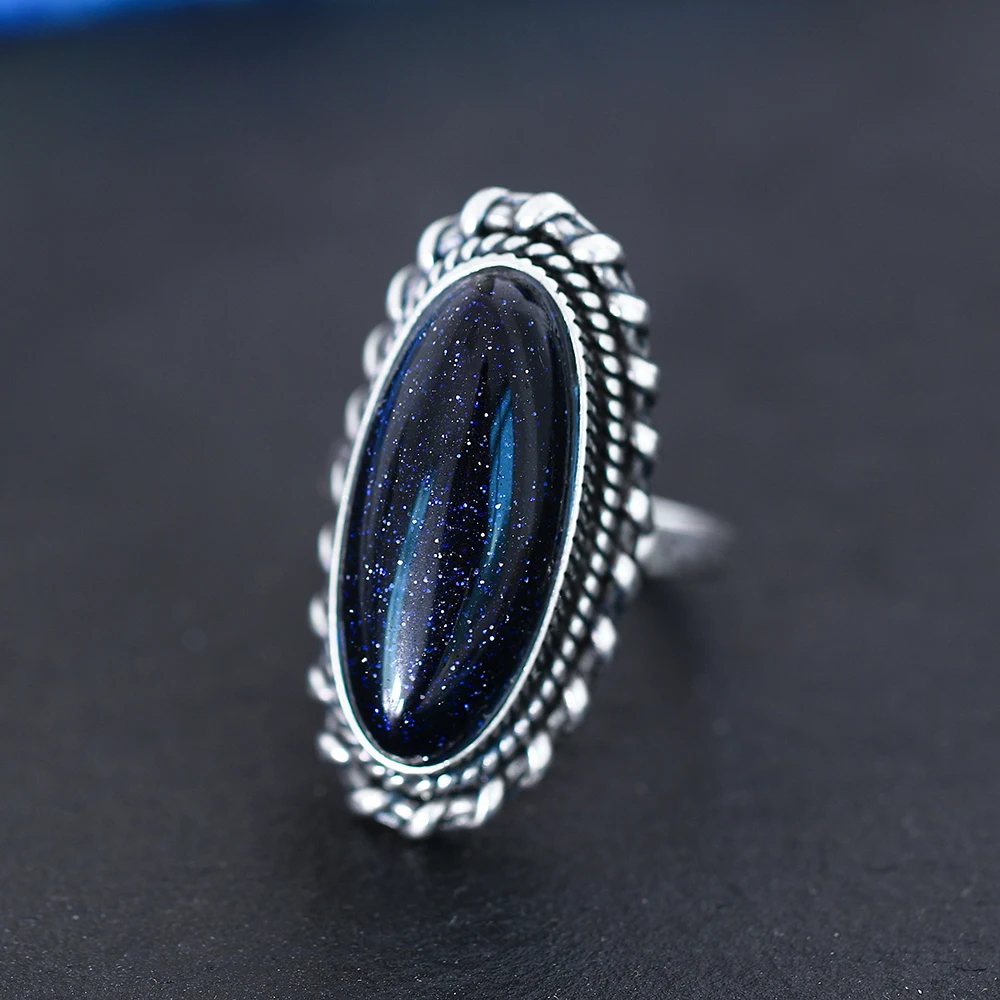 Retro Silver Ring Jewelry Vintage Blue Sandstone Large Stone Luxury Elegant Ring Fine Gift  Rings for Women Men