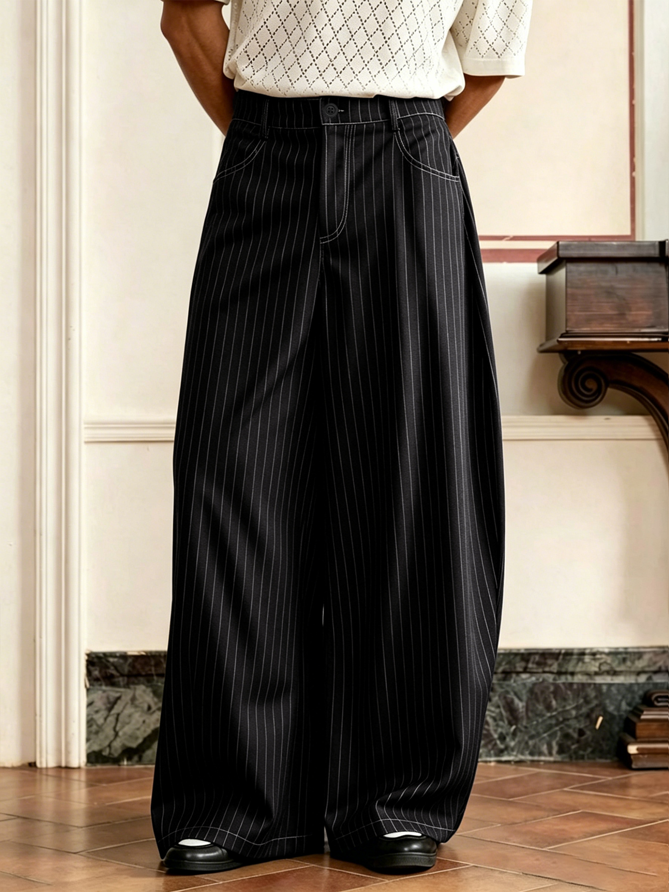 Pantaloni Larghi da Uomo Vintage a Righe, 97% Poliestere 3% Elastan, Vita Alta Plissettata, Stile Business Casual, Nero e Blu Navy
