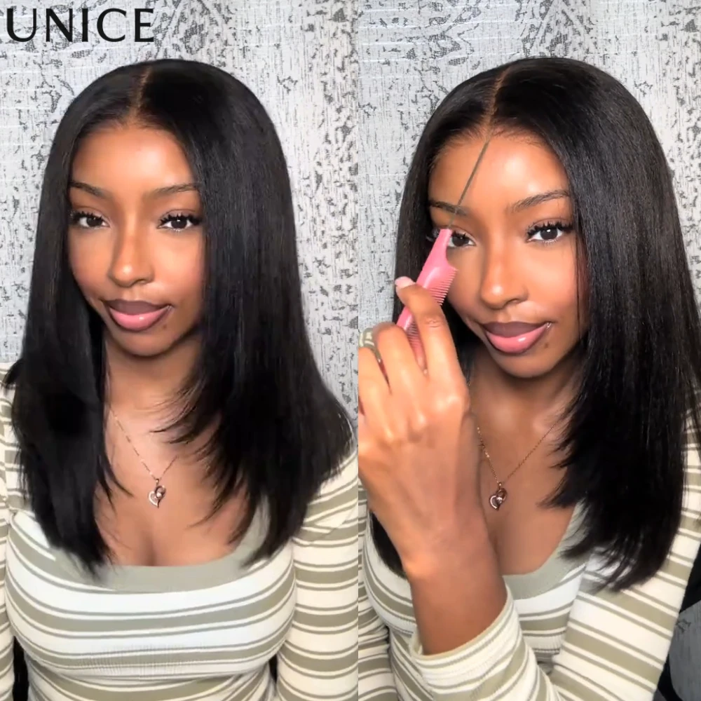 UNice Pre Layered Yaki Bob Wig With Drawstring No-Slip 7x5 Lace Pre Cut Pre Bleached Glueless Wig Human Hair Ready To Go
