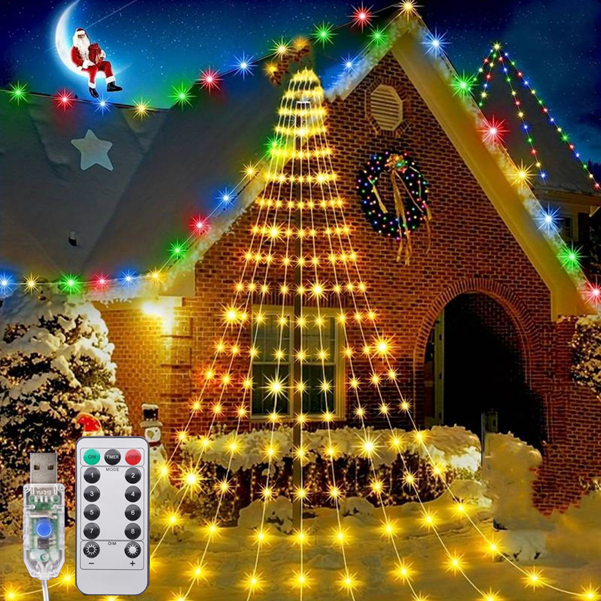 Lumière féerique d'arbre cascade 180led, prise USB, 8 Modes, rideau de fenêtre, lumière de glaçon pour arbre de noël, décorations de fête de vacances, 1 pièce