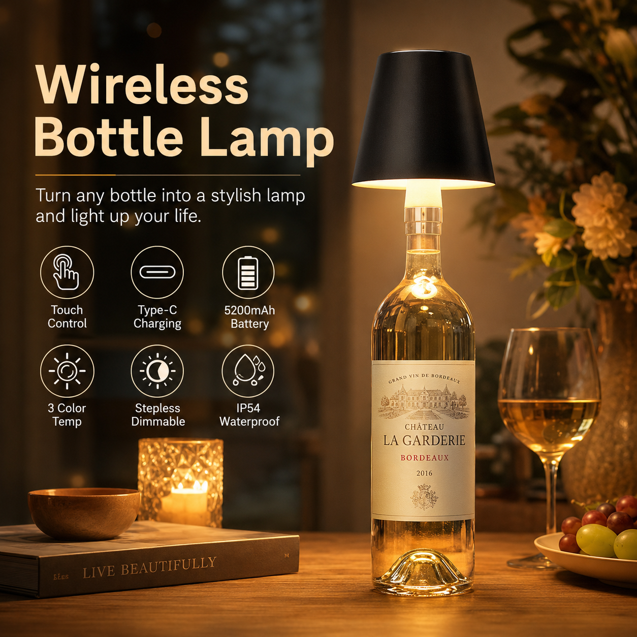 Bezprzewodowa lampa LED do butelek, ładowalna, RGB, ściemnialna, przenośna lampka do butelek wina, do baru, restauracji, na kemping, imprezę, dekoracja, lampka nocna.
