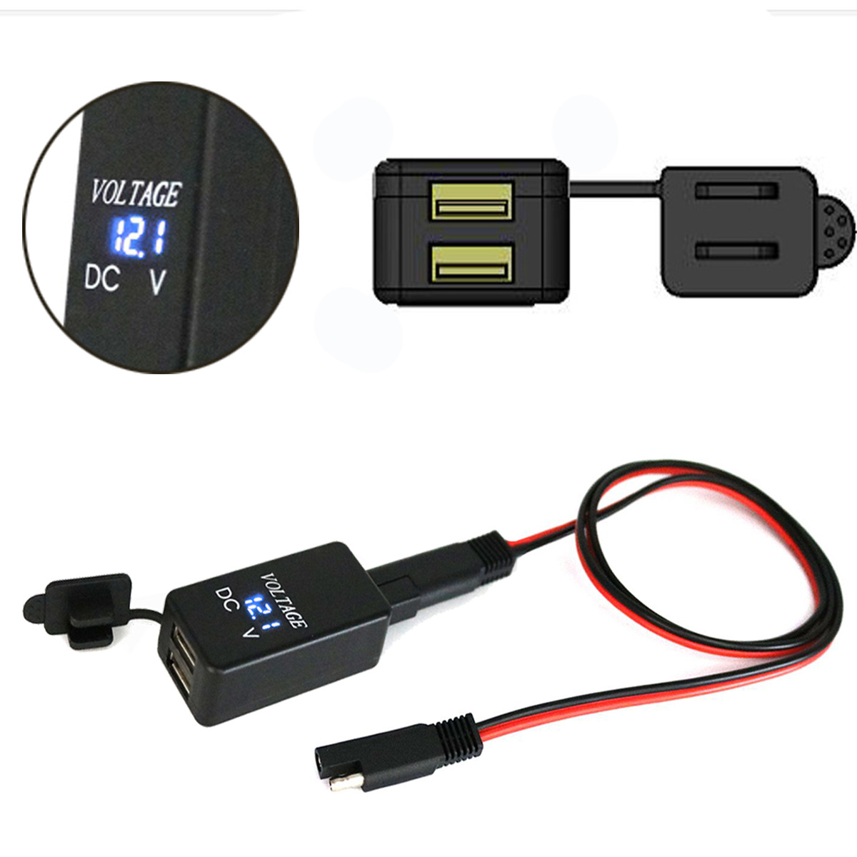 Переходник SAE-USB с вольтметром, мотоциклетный быстроразъемный штекер с водонепроницаемой двойной USB зарядкой для смартфона, планшета, GPS
