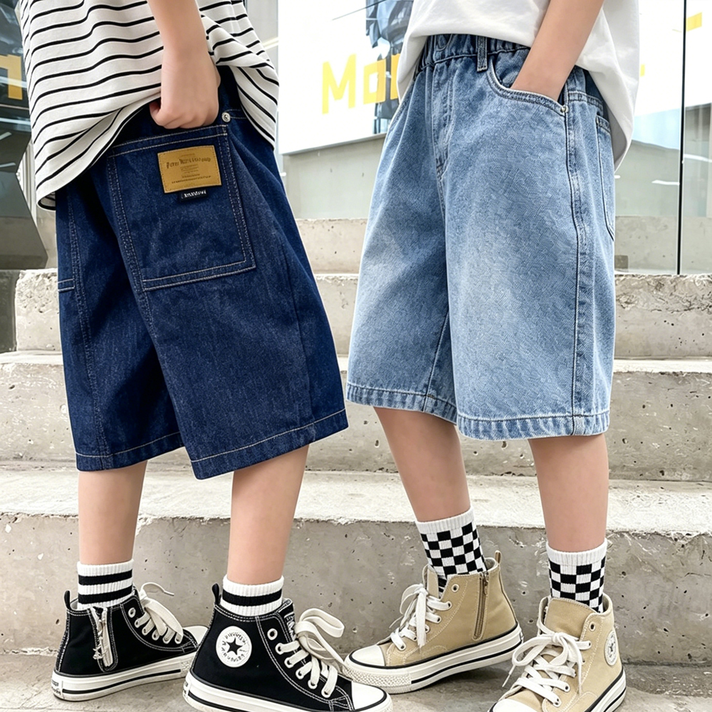 Bermudas Jeans para Meninos Adolescentes 2026, Novas Calças de Verão Largas e Soltas até o Joelho, Moda Casual Infantil com Cintura Elástica