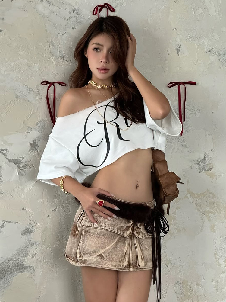 Seltsame Puss Brief Drucken Crop Tops Frauen Sommer Trend Wild Biased Kragen Straße Dünne Einfache Klassische Streetwear Täglichen Weiche T-shirts