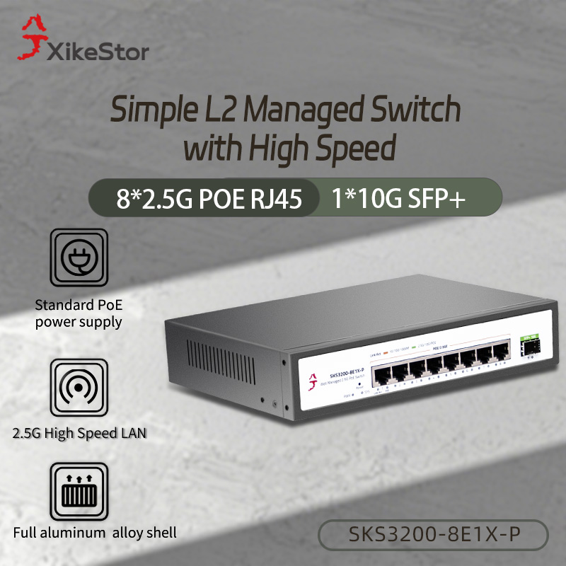 XikeStor 9 Port 2.5G L2 Simple Managed POE Switch 8*2.5G RJ45 1*10G SFP+ Ethernet Switch Mendukung Pembagian VLAN + Pendingin