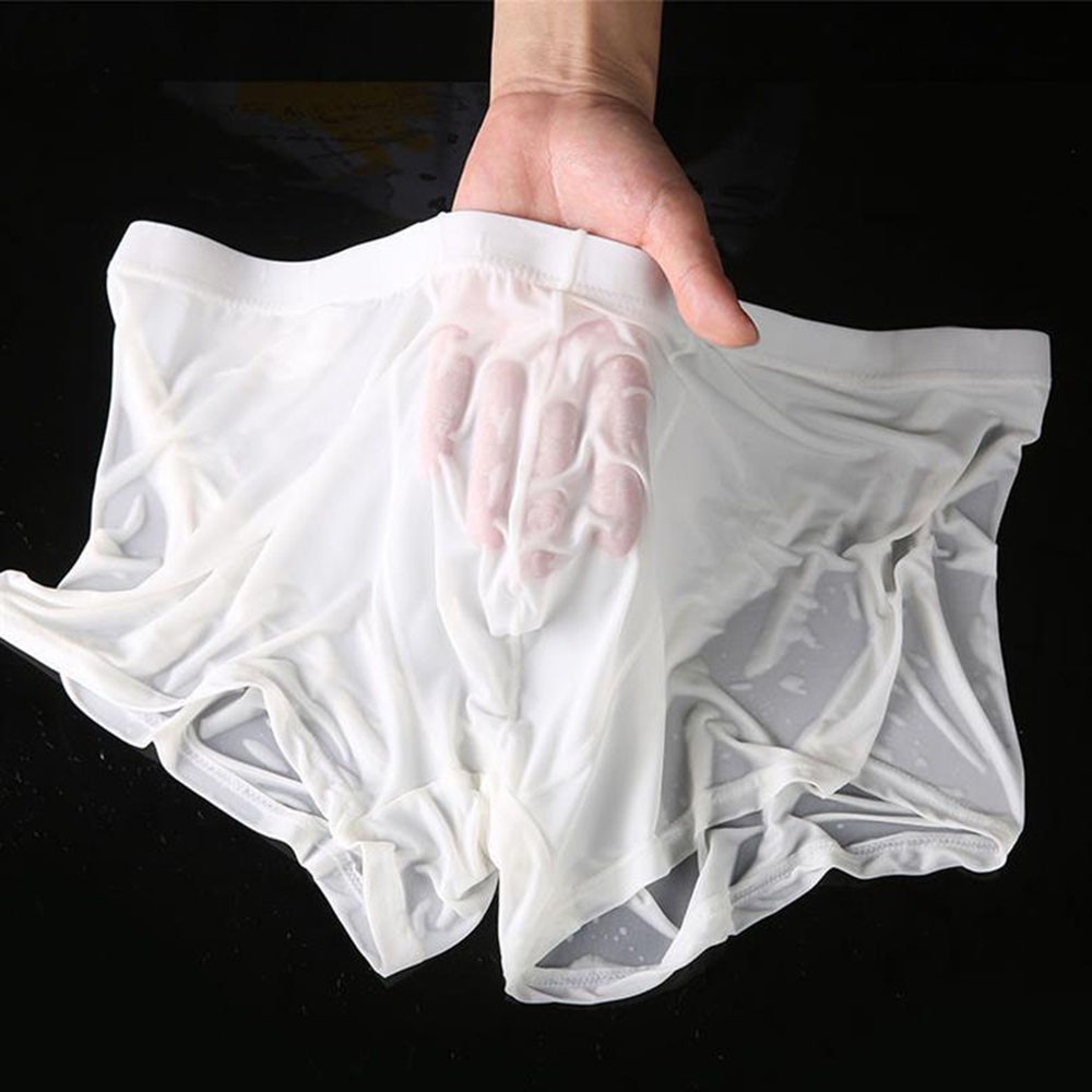 Homens sexy roupa interior de seda gelo sem costura shorts transparentes ultra-fino calcinha transparente masculino respirável shorts estiramento