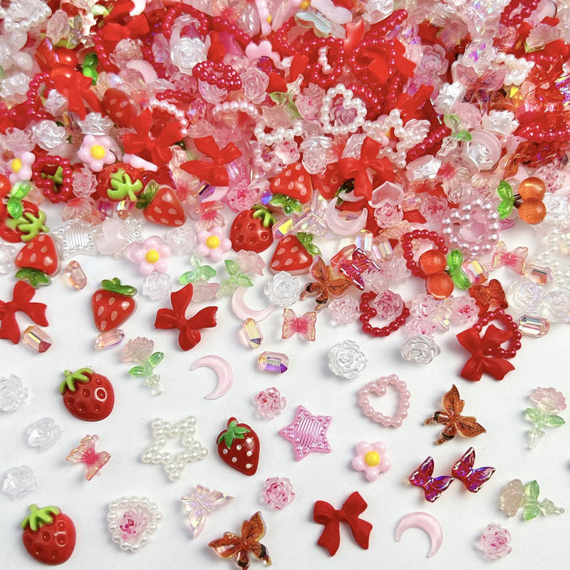 100PCS สุ่มผสมสตรอเบอร์รี่ดอกไม้เล็บ Charms หวานเรซิ่น Flatback Moon อุปกรณ์ตกแต่งเล็บเล็บ DIY