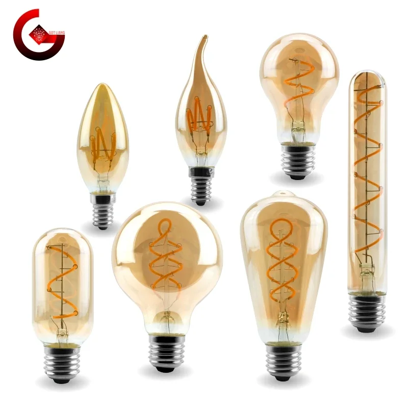 E14 E27 レトロ LED スパイラルフィラメント電球 4 ワットウォームイエロー 220V C35 A60 T45 ST64 T185 T225 G80 G95 G125 ヴィンテージエジソンランプ
