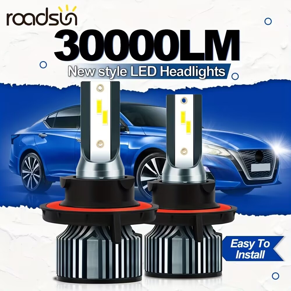 Roadsun 2 stuks H13 9005/HB3 9006/HB4 H1 H4 H7 H11 LED autokoplampen met grootlicht en dimlicht, 30000LM 300W 6500K wit, tweezijdige CSP-chip