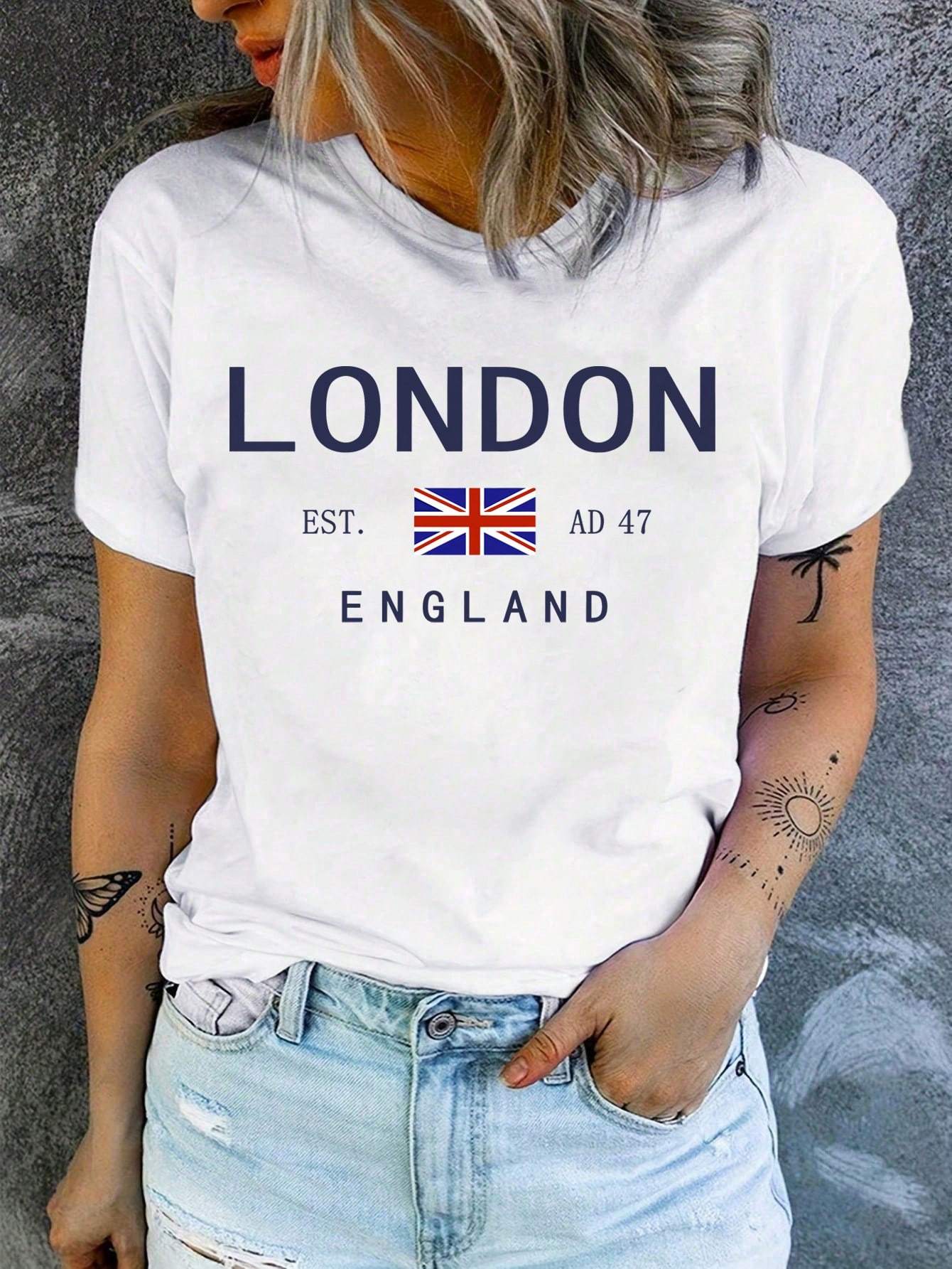 Vintage London Letter Print Dames Casual Ronde Hals Korte Mouw Polyestermix Machinewasbaar - Perfect voor lente/zomer