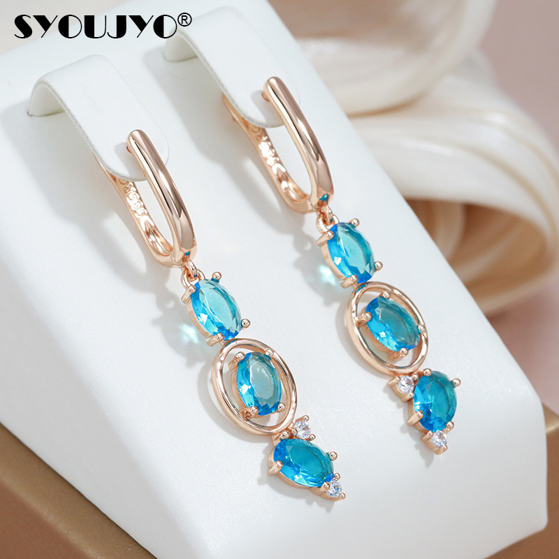 SYOUJYO แฟชั่นสีฟ้าธรรมชาติ Zircon ยาว Dangle ต่างหูผู้หญิง 585 Rose Golden เครื่องประดับ Vintage